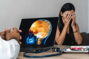 The doctor is displaying a brain X-ray on a laptop to assess the traumatic brain injury pain in front of his patient in San Jose, CA